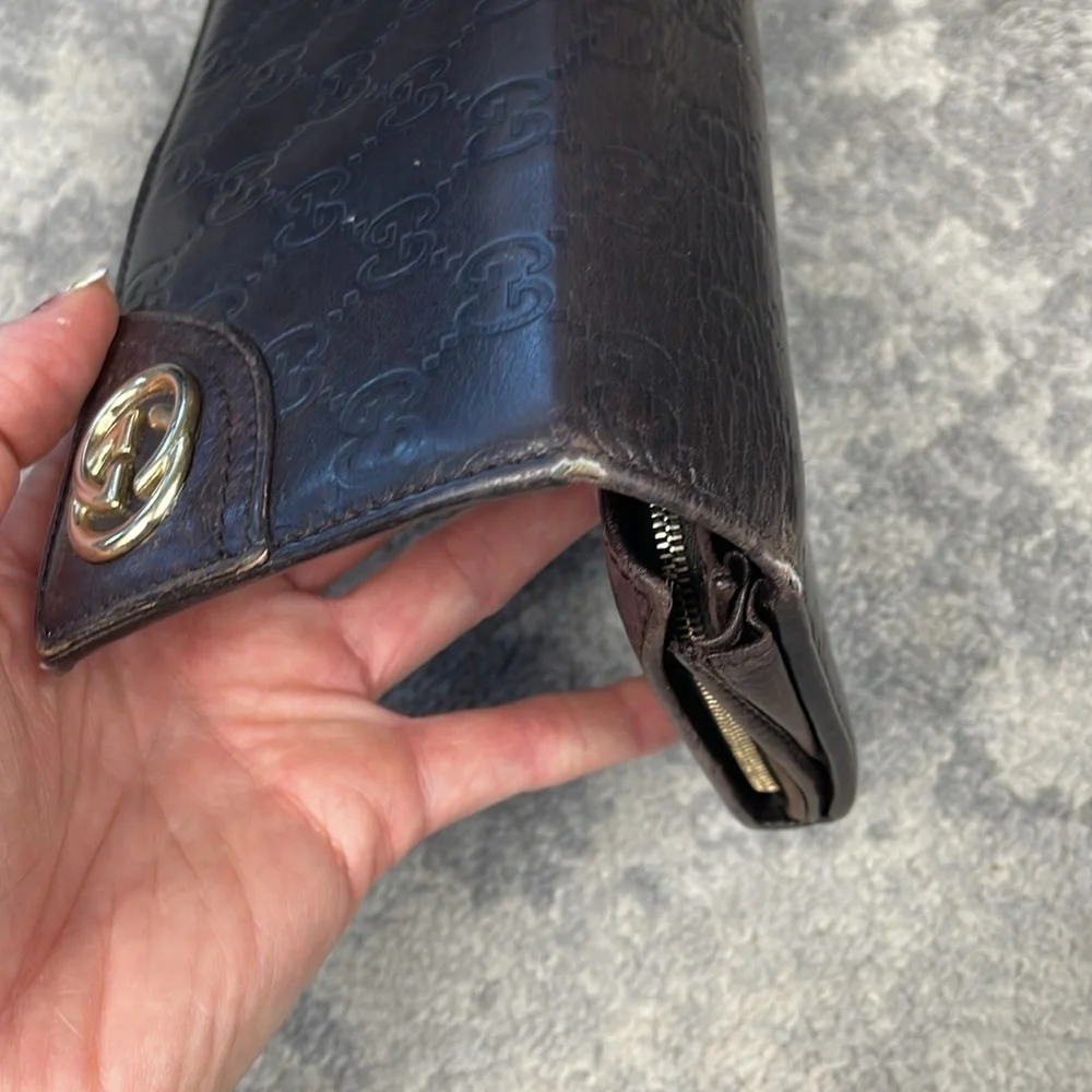 Gucci Leather Embossed GG Long Snap Wallet Dark Brown Interlocking GG